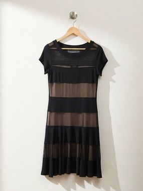 Bali Black Mesh Illusion Stripe Dress - Size 10 - Stretchy LBD